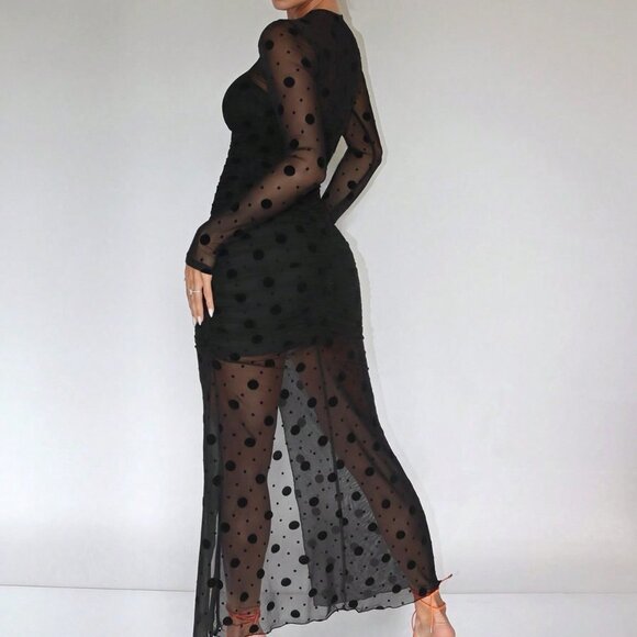 Black Preppy Womens Polka Dot Print Split Thigh Mesh Dress - Picture 2 of 5